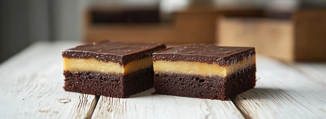 Two square layered chocolate caramel dessert bars with glossy chocolate topping on rustic white wooden surface