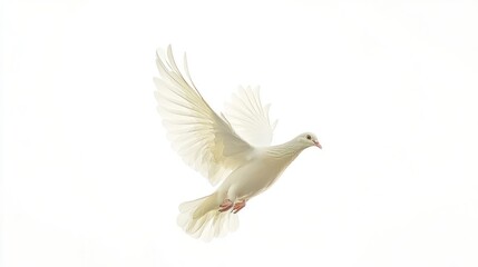 Obraz premium Serene image of a pristine white dove gracefully flying against white backdrop