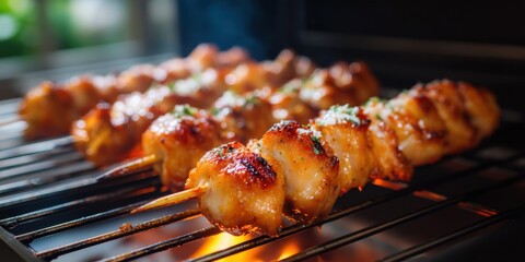 Chicken skewers grilling on BBQ, summer vibes