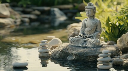 Buddha Statue Meditating by Pond
