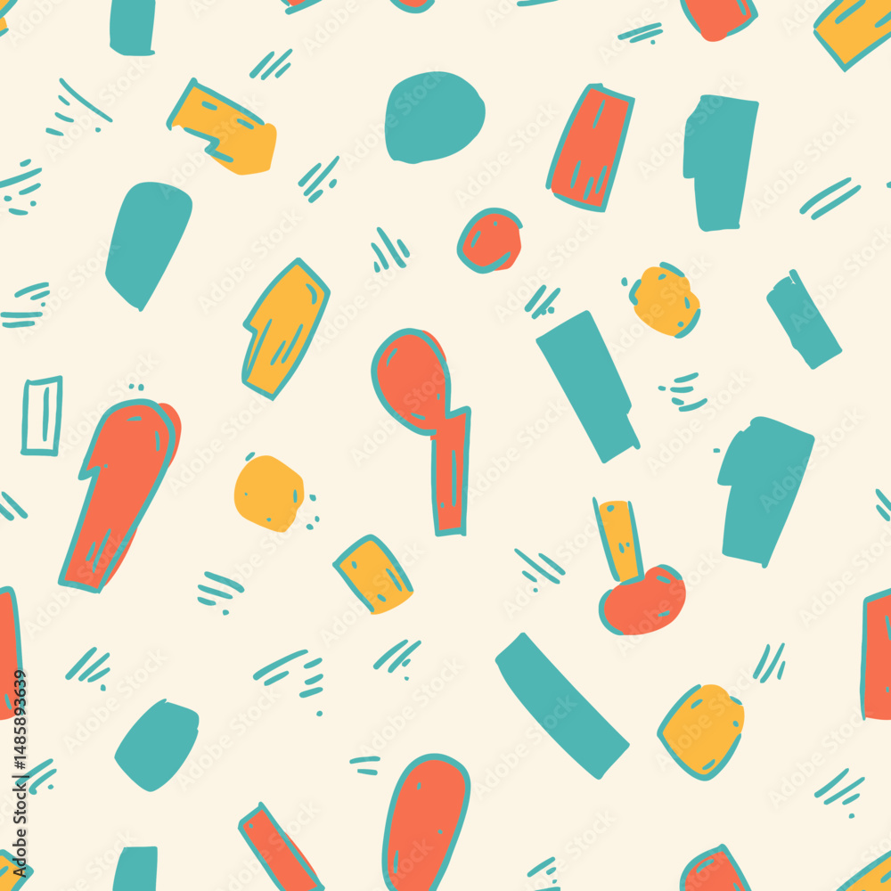 Poster seamless hand drawn exclamation mark pattern with colorful irregular shapes and doodle sketch style 