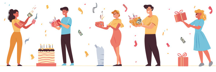 Group of people celebrating birthday party with gifts, confetti, money presents, and cake in flat minimalist vector style illustration