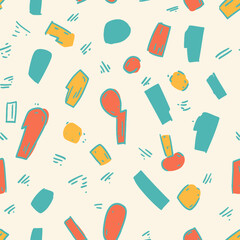 Seamless hand drawn exclamation mark pattern with colorful irregular shapes and doodle sketch style on light background for graphic design and decoration