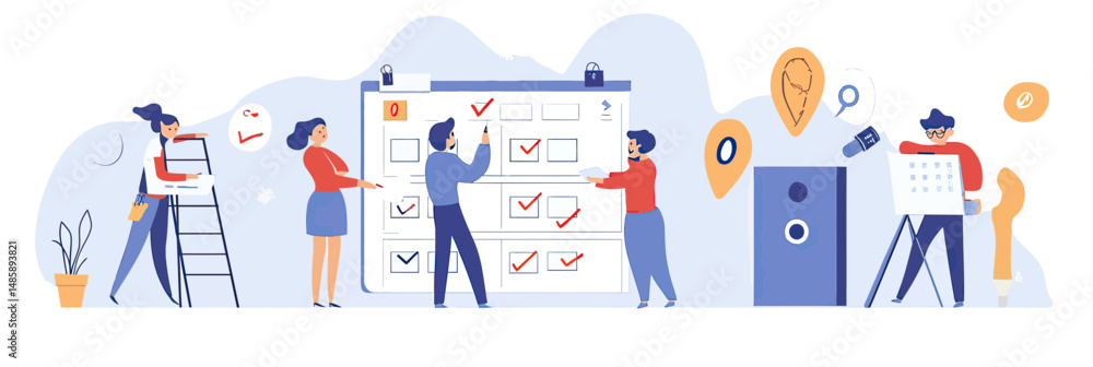 Poster teamwork project management checklist collaboration with diverse people marking tasks on board flat 