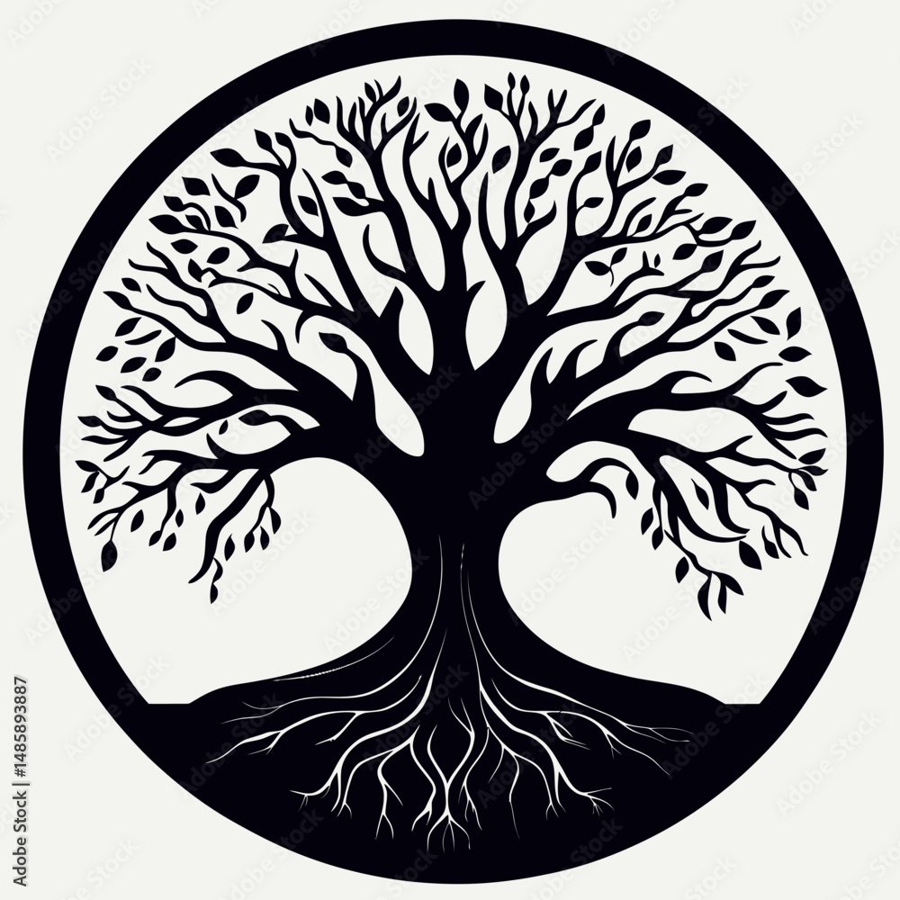 Poster abstract black silhouette tree of life with spreading branches and visible roots inside circular fra