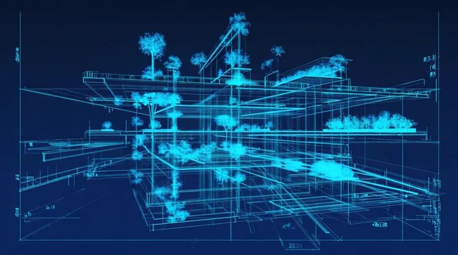 Digital architectural design of a multi-level building.