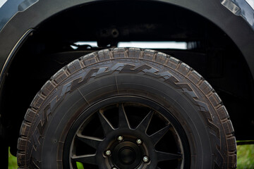 Off-road tires,Mud dirty pickup truck wheel,Close up off tire track 4x4 off raod car in dark concept
