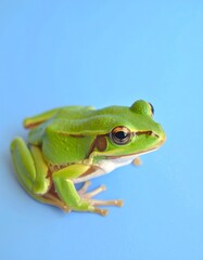 Fototapeta premium Portrait photo of cute green frog with plain blue background
