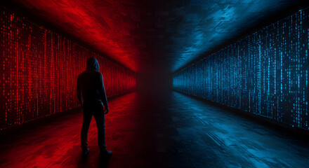 Hooded figure, Binary code, Data, Hacker in a Digital Corridor