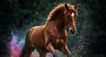 Brown horse, Running horse, Horse in motion, Majestic Chestnut Horse Running Through Water Spray