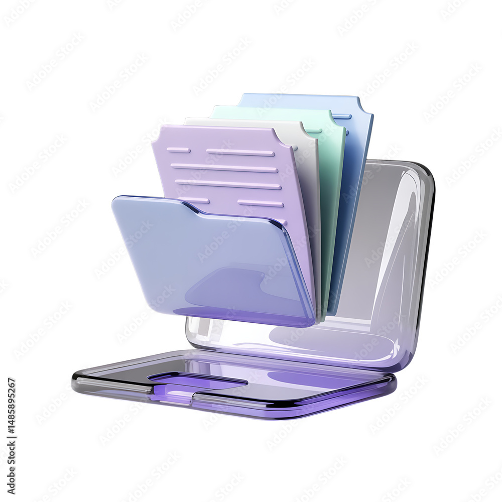 Poster a sleek 3d laptop displaying organized files digital era s efficient data on transparent background