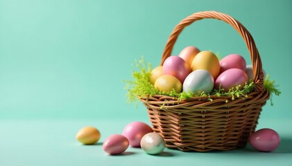 Assorted chocolate Easter eggs in a basket, ready for gifting or a hunt ,  colorful eggs,  colorful