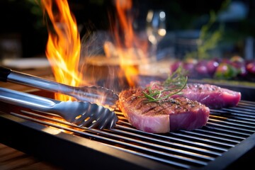 Close-up of BBQ tools and raw meat on grill, sizzling heat, outdoor setup