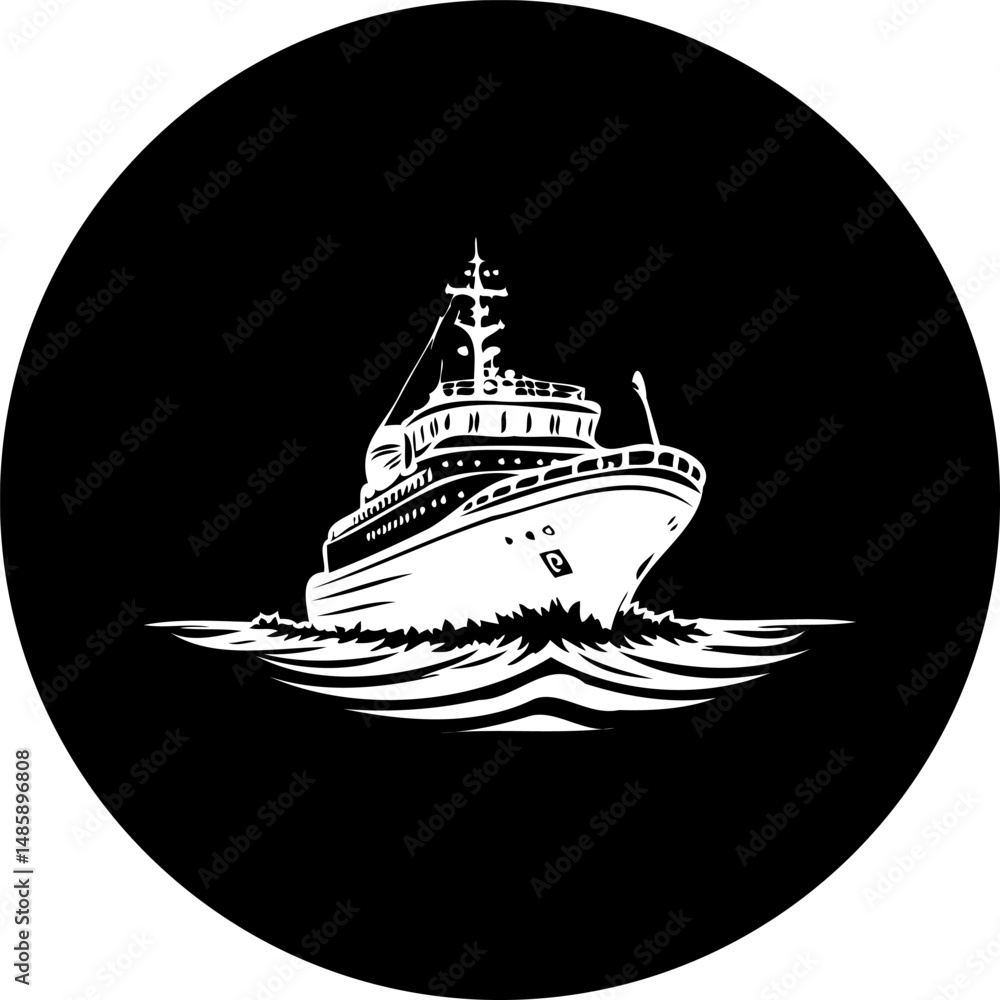 Poster monochrome emblem of a motor yacht sailing with subtle waves and a circular frame
