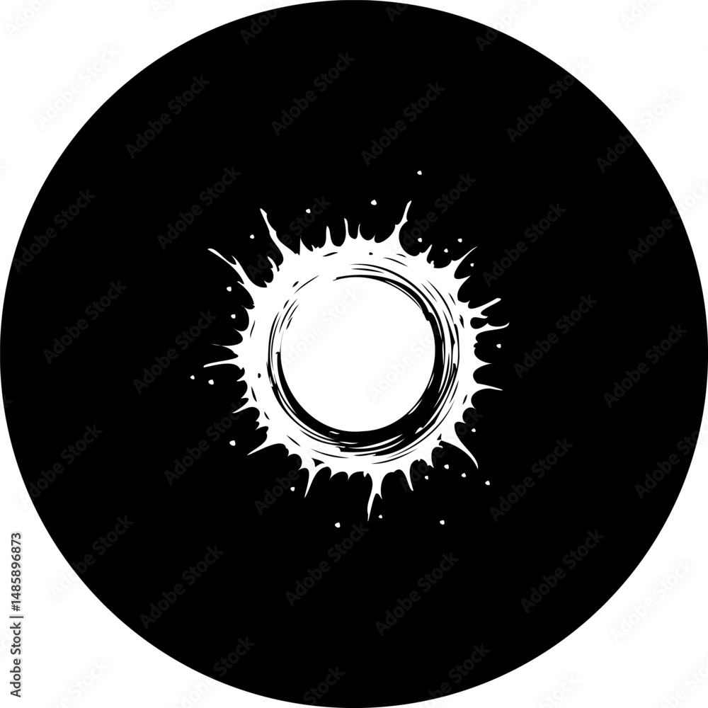 Poster abstract monochrome circular splash emblem with dynamic radiating elements