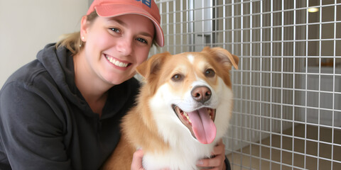 Happy volunteer with rescued dog at animal shelter
