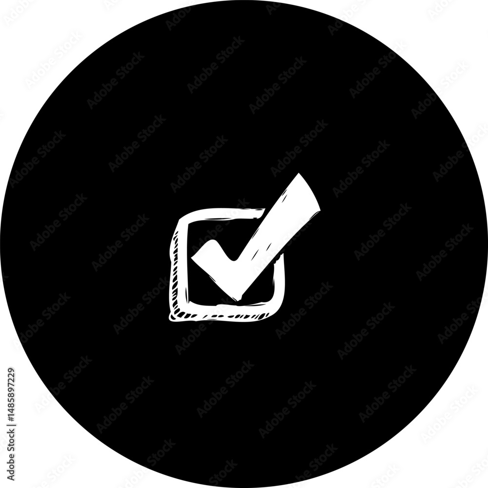 Poster stylized check mark inside a square within circular shape on black background