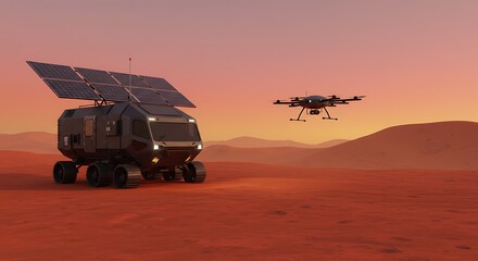 Rover and Flying Drone Exploring Red Planet Landscape