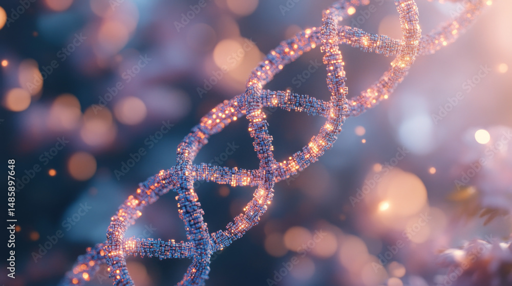 Poster dna helix coded with binary, representing nanotech and digital genome research