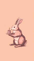 Fototapeta premium A fluffy bunny rabbit holds a miniature birthday cake with a single candle, showcasing a delightful celebration and whimsy in a pastel backdrop