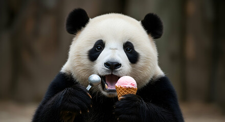 Fototapeta premium Giant panda, Strawberry ice cream, Summer, Panda Enjoying Ice Cream Cone