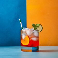 Colorful rainbow cocktail with ice, vivid neon background, energetic look