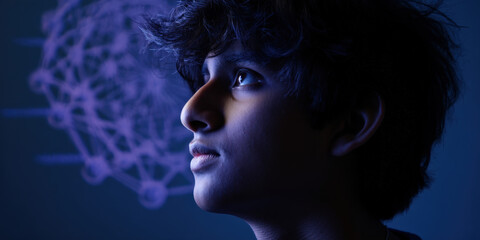 A south asian teenager gazes thoughtfully to the side against a dark blue background, illuminated by soft, modern lighting that highlights their features and expressions