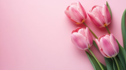 Obraz premium Delicate pink tulips arranged on a soft pink background, creating a simple yet elegant floral composition
