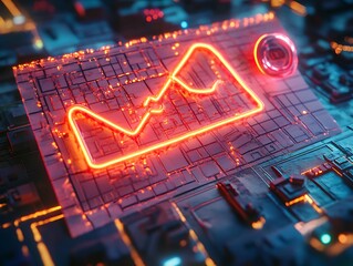 Futuristic financial graph illustration on a circuit board surface with neon accents