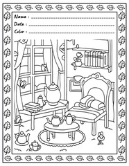 Bold and Easy Cozy Nooks Coloring Book for Adults and Kid.  
High resolution (300 DPI), 
Ready to print on standard 8.5x11 inch paper With (No Bleed), 
Black and White. 
Vector illustration - AI, EPS,