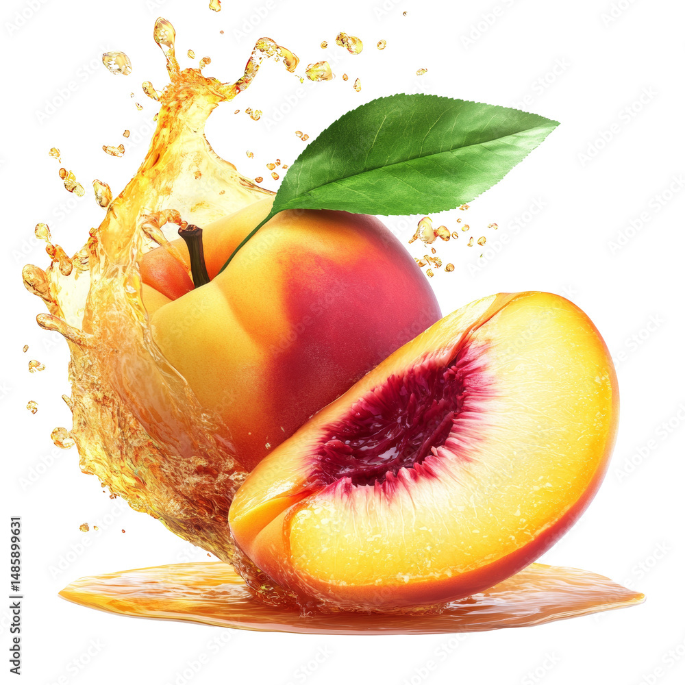 Poster juicy peach composition with splashing juice on an isolated white background