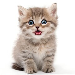 Adorable Fluffy Kitten Meowing Isolated on White