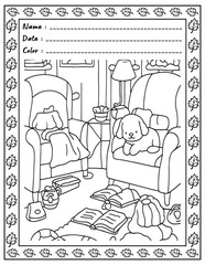 Bold and Easy Cozy Nooks Coloring Book for Adults and Kid.  
High resolution (300 DPI), 
Ready to print on standard 8.5x11 inch paper With (No Bleed), 
Black and White. 
Vector illustration - AI, EPS,