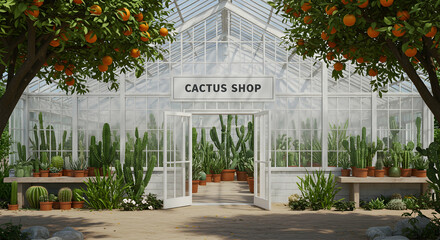 Cacti, Succulents, Plants, Cactus Shop in a Greenhouse with Orange Trees