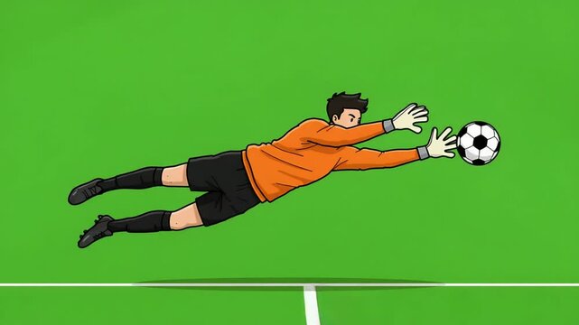 Cartoon soccer goalkeeper diving action sports illustration on green field