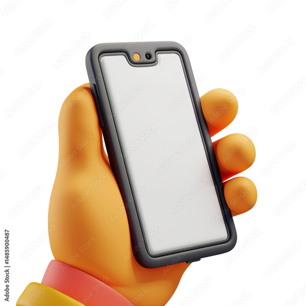 Poster 3D Render of Cartoon Hand Holding Mobile Phone with Empty Screen Display