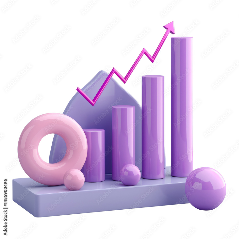 Poster abstract 3d rendering growth chart and geometric shapes on white backdrop