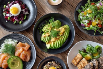 Flat lay of assorted avocado dishes on rustic table, top view