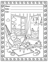 Bold and Easy Cozy Nooks Coloring Book for Adults and Kid.  
High resolution (300 DPI), 
Ready to print on standard 8.5x11 inch paper With (No Bleed), 
Black and White. 
Vector illustration - AI, EPS,
