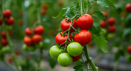 Green tomato, Green tomatoes, Vines, Ripe Red Tomatoes Growing on the Vine in a Greenhouse
