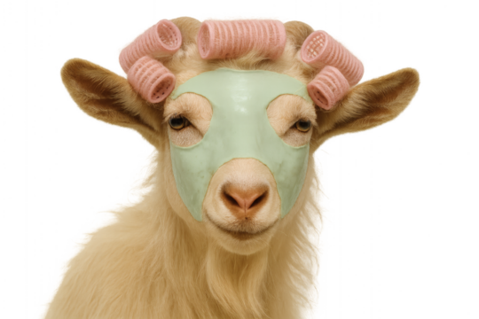 Spa goat with green face mask and pink curlers on transparent background, humorous selfcare animal concept