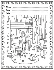 Bold and Easy Cozy Nooks Coloring Book for Adults and Kid.  
High resolution (300 DPI), 
Ready to print on standard 8.5x11 inch paper With (No Bleed), 
Black and White. 
Vector illustration - AI, EPS,