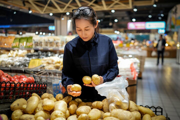 Woman Shopping for Potatoes in a Grocery Store