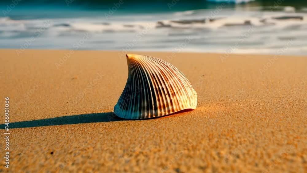 Poster close-up of a striped seashell on a sandy beach with ocean waves in the background. summer vibes and
