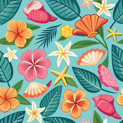 hibiscus starfish-and seashell seamless pattern.