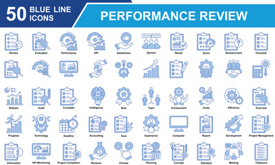 Performance Review Icon Set Collection. Containing Review, Evaluation, Performance, KPI, Satisfaction, Opinion, Result, Questionnaire, Data Analysis, Dashboard. Simple Blue Line Vector Illustration.