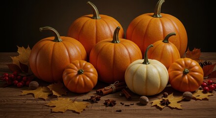 Autumn pumpkins arrangement with leaves and cinnamon sticks