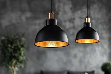 Obraz premium Modern pendant lights, black metal shades with gold accents
