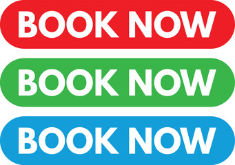 Book now button icon set in three colors red , green and blue for websites . Vector illustration