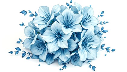 A vibrant cluster of light  blue flowers with delicate leaves, set against a white background. 